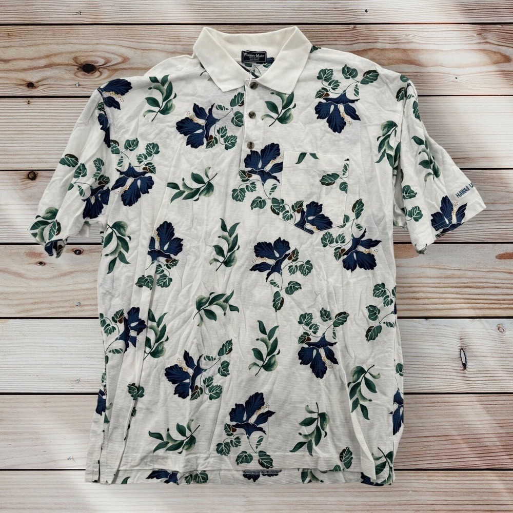 Winner Mate Polo Shirt Mens Size XL White Green Floral Short Sleeve Hawaiian NEW